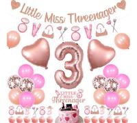 Wonmelody 3rd Birthday Decorations for Girls Little Miss Threenager Birthday Decor Banner Makeup Theme Party Garland Cake Toppers Heart Balloon Spa Makeup Theme Party Rose Gold for 3 Year Old Girl