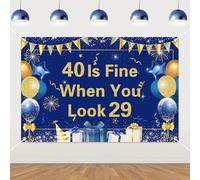 Wonmelody 40 is Fine When You Look 29 Blue Gold Birthday Backdrop for Men, 5 * 3ft 40th Birthday Vinyl Background Cloth with Grommets for Photo Booth Wall Dessert Table or Party Room Décor