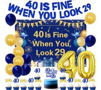 Wonmelody 40 Is Fine When You Look 29 Blue Gold Birthday Decoration Set for Men, 40th Birthday Backdrop Banner with Letter Garland Balloons and Cake Toppers for Party Photo Area or Dessert Table