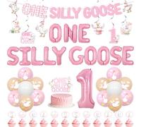 Wonmelody 57Pcs Goose 1st Birthday Party Decorations Pink One Silly Goose 1st Birthday Decor One Silly Geese Balloon Banner Geese Cake Decor Hanging Swirls for Farm Animals Swan 1st Girl Bday
