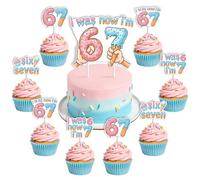 Wonmelody 6 7th Birthday Ice Cream Cupcake Toppers I Was 6 Now I'm 7 Pink Blue Dessert Picks Double Sided Cake Decorations for Kids Seventh Birthday Party Supplies Table Decor 24 Pieces
