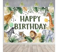 Wonmelody 7 * 5ft Jungle Happy Birthday Backdrop Decor Safari Animal Zoo Theme Birthday Backdrop Banner Tropical Forest Backdrop with Lion Leopard Zebra Elephant for Boy 1st 3rd 5th Safari Birthday