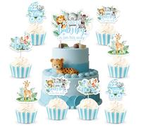 Wonmelody A Sweet Baby Boy is on His Way Decorations 25Pcs Blue Jungle Safari Baby Shower Cake Topper It's a Boy Cupcake Toppers Blue Floral Newborn Table Supplies for Newborn Party Gender Reveal