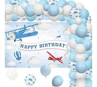 Wonmelody Airplane Birthday Party Decorations Blue Balloon Garland Airplane Happy Birthday Backdrop Airplane Cloud Foil Balloons for Time Flies Party Decorations Aircraft Party Decorations