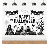 Wonmelody Black White Halloween Bow Happy Halloween Backdrop 5 x 3 ft Coquette Halloween Party Decoration Vinyl Photo Background for Teen Birthday Dessert Table Wall Decor