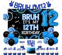 Wonmelody Blue Bruh It's My 12th Birthday Decor Bruh It's My 12th Birthday Backdrop Banner Bro I'm 12 Cake Cupcake Topper Happy Twelfth Anniversary Decor Funny Twelfth Bday Supplies for 12 Year Old