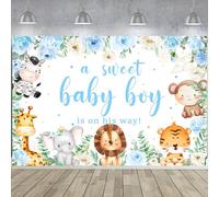 Wonmelody Blue Safari Baby Shower Backdrop Decorations A Sweet Baby Boy is On His Way Backdrop Jungle Animals Background Floral Baby Shower Backdrop with Giraffe Elephant for Boy Baby Shower