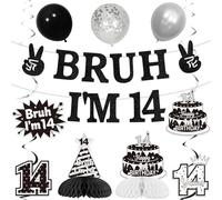 Wonmelody Bruh I’m 14 Birthday Decor Black and White Bruh Theme 14th Birthday Banner, Hanging Swirls, Balloons, and Honeycomb Centerpieces Fun Bruh Its My 14th Birthday Supplies for Teens