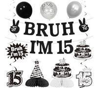 Wonmelody Bruh I’m 15 Birthday Decor Black and White Bruh Theme 15th Birthday Banner, Hanging Swirls, Balloons, and Honeycomb Centerpieces Fun Bruh Its My 15th Birthday Supplies for Teens