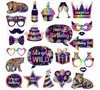 Wonmelody Cheetah Birthday Party Decorations 24pcs Rainbow Cheetah Jungle Safari Photo Booth Props Cheetah Birthday Neon Rainbow Leopard Birthday Decor for Safari Leopard Forest Themed Birthday Party