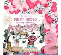 Wonmelody Cowgirl 2nd Birthday Decorations This ain't My First Rodeo Its My Second Backdrop Banner Pink Cow Balloon Arch Kit Number 2 Foil Balloon for Western Cowgirl 2nd Wild West Second Birthday