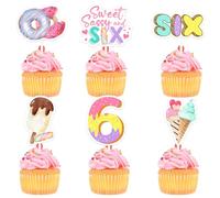 Wonmelody Donut 6th Birthday Party 24PCS Ice Cream Donut Cupcake Toppers Decor Sweet and Sassy Birthday Party Decor with Pastels Donut 6th Cake Toppers Supplies for 6th Donuts Birthday Party Girls