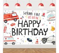 Wonmelody Emergency Birthday Decorations Backdrop Happy Birthday Sound the Alarm Backdrop Banner Rescue Vehicle Birthday Party Supply Team Rescue Backdrop First Responder Transportation Party
