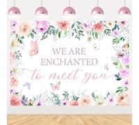 Wonmelody Enchanted Baby Shower Decorations 7x5ft We are Enchanted to Meet You Backdrop Pink Butterfly Baby Shower Backdrop Banner Floral Butterfly Themed Baby Shower Decor for Girl’s Gender Reveal