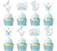 Wonmelody Goose First Birthday Decorations for Boy 24Pcs One Silly Goose Cake Topper Blue Goose Cupcake Toppers One Silly Goose Birthday Decor Farm Animal First-Birthday Supplies for Funny Goose Bash
