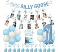 Wonmelody Goose First Birthday Decorations for Boy One Silly Goose Banner Garlands Goose Cupcake Toppers Blue Monthly Photo Banner Farm Animal First-Birthday Supplies for Funny Goose 1st Bash