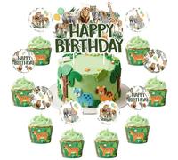 Wonmelody Green Jungle Animal Birthday Party Decor Boy 25Pcs Jungle Animal Happy Birthday Cake Topper Safari Cupcake Toppers Tropical Wildlife Table Supplies for Zoo Theme Wild 1st 2nd 3rd Bash