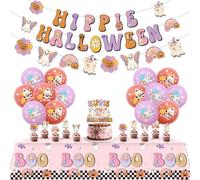 Wonmelody Groovy Halloween Birthday Decorations Hippie Halloween Banner Garlands Groovy Ghoul Cake Topper Hippie Cupcake Toppers Pink Boo Tablecloth for Retro Vintage Spooky Cute Ghost Birthday