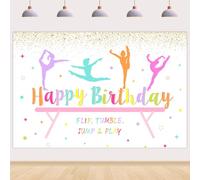 Wonmelody Gymnastics Birthday Party Decorations Gymnastics Happy Birthday Backdrop for Girl Flip Tumble Jump and Play Backdrop Decorations for Rainbow Gym Theme 1st 2nd 8th Birthday Party (5 * 3ft)