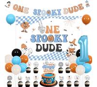 Wonmelody Halloween 1st Birthday Decorations for Boys One Spooky Dude Backdrop Banner Cupcake Toppers Blue Orange One Spooky Dude 1st Birthday Decor The Spooky First Bday Supplies for Boy