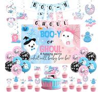 Wonmelody Halloween Gender Reveal Decor Boo-y or Ghoul What Will Baby Boo Be Backdrop Banner Booy or Ghoul Cake Topper Halloween A Baby is Brewing Hanging Swirls for Spooky Little Boo Newborn Shower