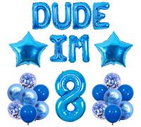 Wonmelody Happy 8th Birthday Decorations Blue Dude I'm 8 Balloon Banner Dude I'm 8 Birthday Decor Happy Dudes Bday Banner Level Eight Unlocked Bday Supplies for Eighth Year Old Boy Girl