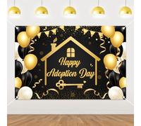 Wonmelody Happy Adoption Day Backdrop Black Gold Vinyl Party Decoration for Boys Adoption Celebration Our Little Champ is on The Way Photo Booth Wall Banner