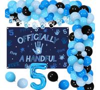 Wonmelody Hi Five Birthday Decor Officially a Handful 5th Birthday Decoration Blue Black Officially a Handful Backdrop Banner Hand Print Banner Garland Blue Balloon Garland Arch Kit for 5th Boy