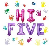 Wonmelody Hi Five Birthday Decorations Girl Pink Purple Hi Five Balloon Banner Colorful 5th Birthday Hand Print Wall Stickers Hand 5th Bday Decor Rainbow Paint Splatter Supplies
