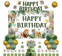 Wonmelody Jungle Animal Birthday Decor Green 5.91 * 3.61ft Jungle Animal Happy Birthday Backdrop Banner Tropical Safari Themed Cake Toppers Artificial Palm Leaf Supplies for Zoo Theme Wild 1st 2nd