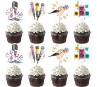 Wonmelody Karaoke Party Decorations 24pcs Microphone Theme Cake Toppers Music Birthday Cake Decors Sing Cake Decors for Rock N Roll Pop Music Birthday Baby Shower Wedding Engagement Party Supplies