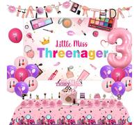 Wonmelody Little Miss Threenager 3rd Birthday Decorations Makeup Party Supplies for Girls 3rd Birthday Little Miss Threenager Banner Backdrop Tablecloth Makeup Cake Toppers for Spa Salon Bday