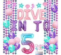 Wonmelody Mermaid 5th Birthday Party Decor with Dive Into Five Dive Into 5 Mermaid Banner Cake Toppers Pink Purple Seashell Curtains for Little Mer-maid Party Under the Sea 5th Girl