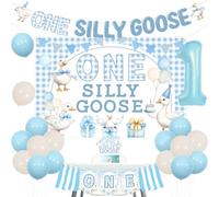 Wonmelody One Silly Goose Birthday Decor Boy Blue One Silly Goose Backdrop Banner Blue Gingham 1st Birthday High Chair Banner Geese 1st Bday Cake Topper Funny Geese Hanging Supplies for Boy