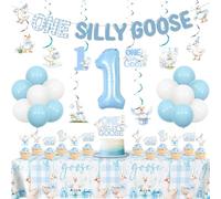 Wonmelody One Silly Goose Birthday Decor Boy Blue One Silly Goose Banner Hanging Swirls Decor Geese Theme Cake Topper Blue Gingham Tablecloth Farm Animal Geese First Bday Party Decor for Boy