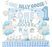 Wonmelody One Silly Goose Birthday Decor Boy Blue One Silly Goose Birthday Backdrop Banner Geese Theme Cake Topper Blue Gingham Tablecloth Farm Animal Geese First Bday Party Decor for Boy