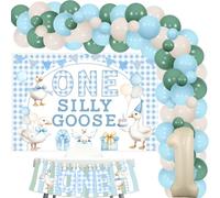 Wonmelody One Silly Goose Birthday Decor Boy One Silly Goose Birthday Backdrop Banner Geese Highchair Banner Green Blue Balloon Arch Blue Gingham 1st Bday Party Supplies for Boy