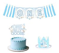 Wonmelody One Silly Goose Birthday Decor Boy One Silly Goose High Chair Banner Blue Gingham 1st Birthday Crown Little Geese Cake Topper Funny Geese Table Decor Farm Animal First Bday Supplies for Boy