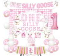 Wonmelody One Silly Goose Birthday Decor Girl One Silly Goose Backdrop Banner Pink Gingham 1st Birthday High Chair Banner Geese Cake Topper Funny Geese Hanging Supplies for Farm Animal First Bday