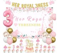 Wonmelody Princess 3rd Birthday Party Decorations Her Royal Threeness Backdrop Banner Pink Gold Cake toppers Number 3 Balloon Her Royal Threeness Birthday Decorations for 3rd Crown Princess Party