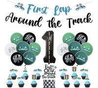 Wonmelody Race Car 1st Birthday Decorations First Lap Around The Track Banner Racing Theme Fast One Birthday Decor Cupcake Toppers Square Balloons Vintage Retro Car Bday Decor for 1st Boy