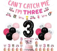Wonmelody Race Car 3rd Birthday Party Decor Can't Catch Me I'm Three Banner Cake Toppers Race Car Garlands Black White Checkered Balloons Fast 3 Theme Decor Pink Racing Cars Supplies for 3rd Girl