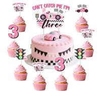 Wonmelody Race Car 3rd Cake Topper Birthday Party Decor for Girls 25Pcs Can't Catch Me I'm Three Cake Topper Pink Race Car Decor Black White Checkered Racing Car Fast 3 Birthday Decor for Girl