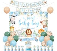Wonmelody Safari Baby Shower Party Decor Boy A Sweet Baby Boy is On His Way Backdrop Blue Welcome Babies Banner Cake Topper Mom to be Sash Jungle Animals Floral Supplies for Woodland Newborn Party