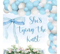 Wonmelody She’s Tying The Knot Decor with She’s Tying The Knot Backdrop Banner Bow Bridal Shower Decorations Dusty Blue Balloon Arch Garland Kit Blue Wedding Decor for Bows Theme Bachelorette