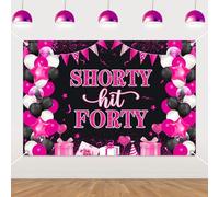 Wonmelody Shorty Hit Forty Decorations Hot Pink Black 40th Birthday Backdrop for Women Funny Happy 40th Party Banner Photo Background Vinyl Backdrop with Grommets and Ribbon