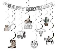 Wonmelody Silver Cowboy Birthday Party Decorations Cowboy Happy Birthday Banner Hanging Swirls Wild West Hanging Decor Yew Haw Ceiling Streamers Western Cowgirl Hanging Garland for 1st 2nd Rodeo