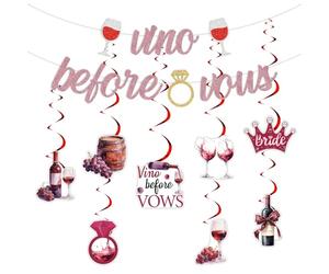Wonmelody Vino Before Vows Bachelorette Decor Wine Theme Hanging Swirl Set and Letter Banner Rose Gold and Burgundy Wine Glass Decor for Bridal Shower Bride Tribe Party or Girls Night Celebration