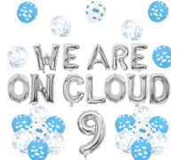 Wonmelody We Are On Cloud 9 Baby Shower Decorations Balloon Banner Set, Cloud Theme Party Decorations with Silver Letter Balloons, Cloud Foil Balloons, Blue White Confetti Latex Balloons for 9th