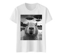 Wonmen's Funny Graphic T-Shirt Capybara Selfie with UFOs Strange T-Shirt Dungarees Women, White, M
